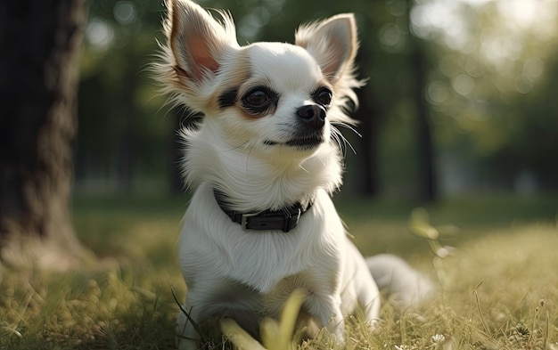Chihuahua è seduto sull'erba nel parco professionale pubblicità post foto ai generato