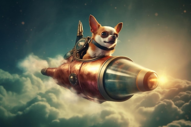 Chihuahua in sella a un razzo Immagine IA generativa