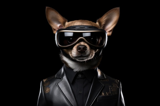 Chihuahua in tuta e realtà virtuale su sfondo nero