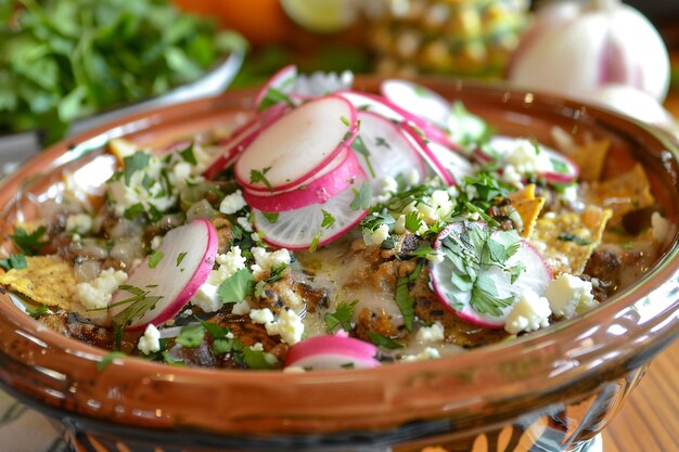 Chilaquiles guarniti con ravanelli tagliati per aggiungere croccantezza