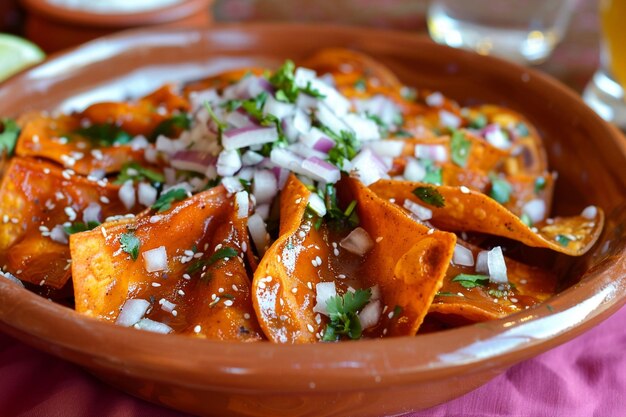 Chilaquiles spruzzati di cilantro tritato e cipolle