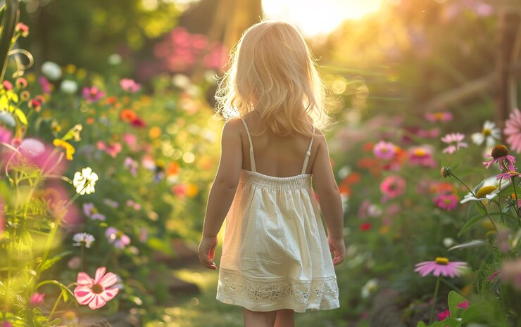 Child girl walking outdoor enjoying summer flowers in garden
