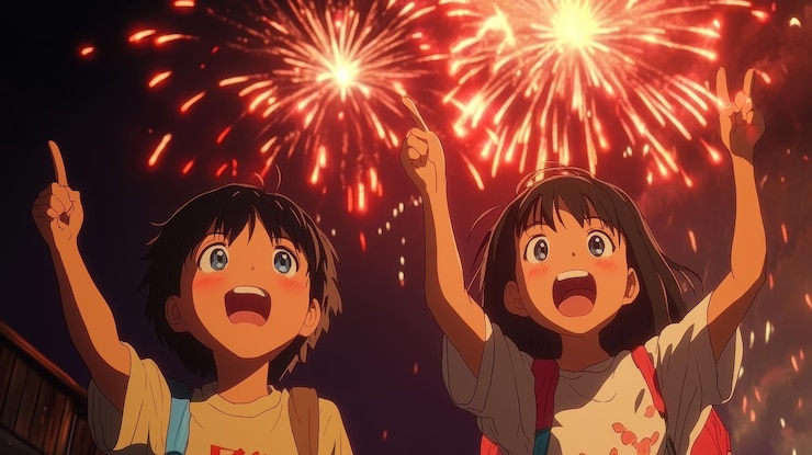 Photo children watching fireworks