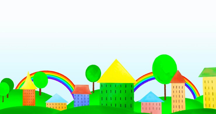 Photo children039s fund colorful painted houses among trees and hills landscape