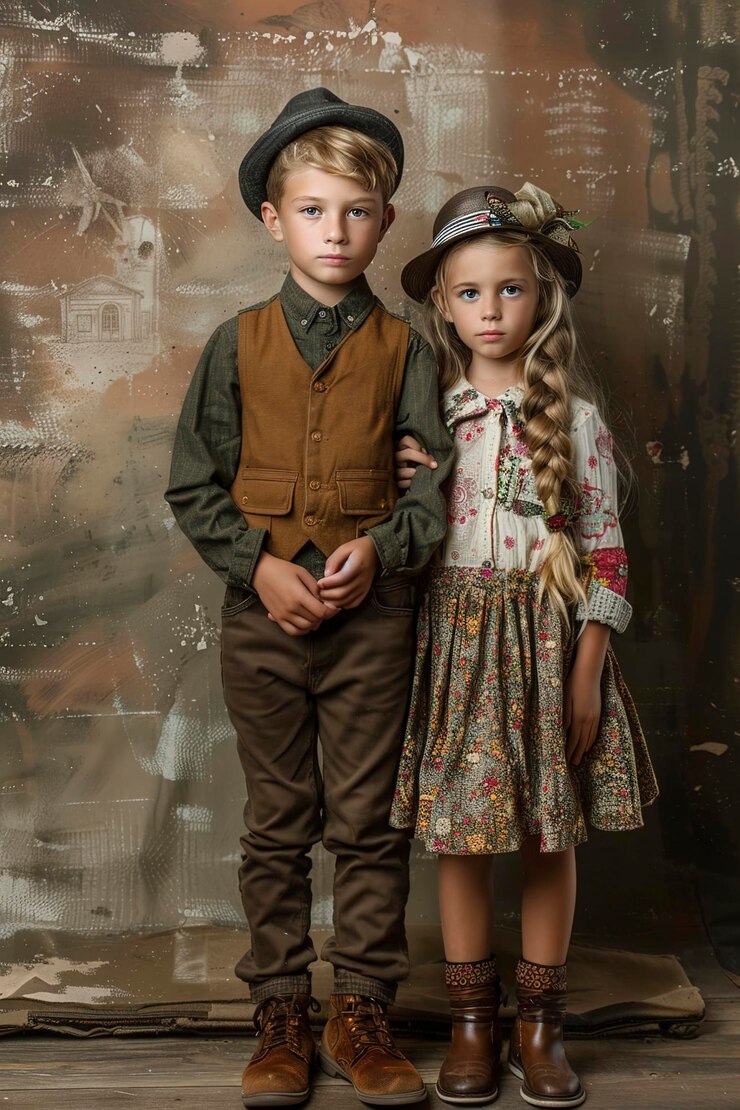 Childrens fashion Modern boy and girl posing together