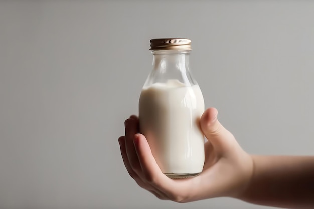 Childs Hands tiene una bottiglia di latte su sfondo bianco IA generativa