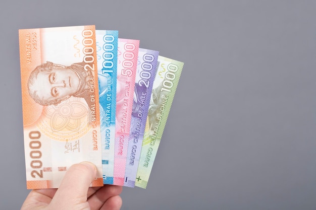 Chilean money in the hand on a gray