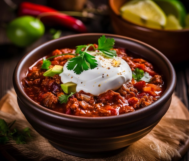 Chili con carne con avocado e panna acida servito caldo e gustoso Generative AI