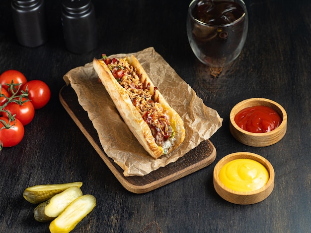 Chili Con Carne Hot Dog su sfondo di legno scuro