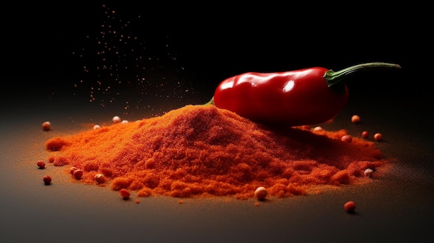 chili rosso con polvere di chili rosso isolato su sfondo nero realizzato da IA generativa