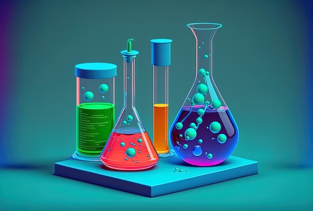 Chimica liquido colorato su un tavolo su sfondo blu Vetreria e apparecchi biologici