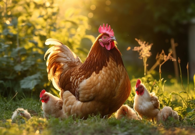 Chioccia con i polli in un cortile rurale Polli in un prato nel villaggio contro il sole foto