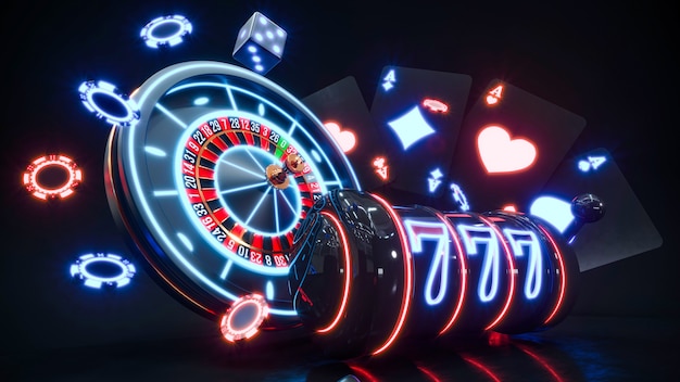 Chip al neon del casinò. Fiches da poker che cadono Foto Premium