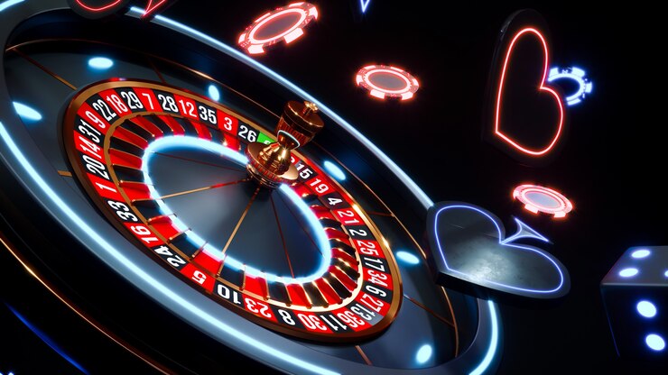 Chip al neon del casinò. Fiches da poker che cadono Foto Premium