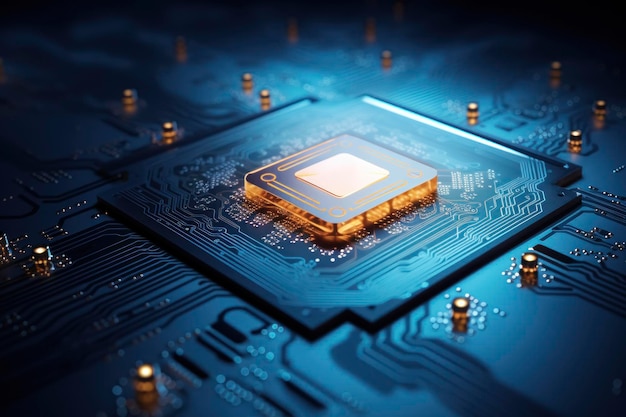 Chip CPU ad alta tecnologia su scheda a circuito blu