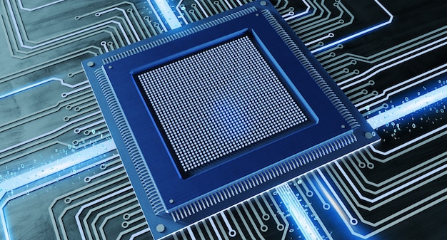 Chip del processore della CPU e connessione di rete sul circuito - 3d rendono