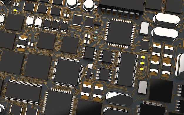 Chip del processore su un circuito stampato. Rappresentazione 3D. Concetto di tecnologia