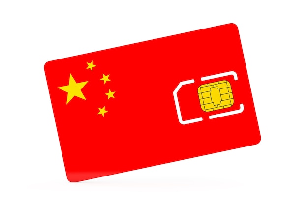 Chip della carta SIM del telefono cellulare con la bandiera della Cina su una priorità bassa bianca. Rendering 3D