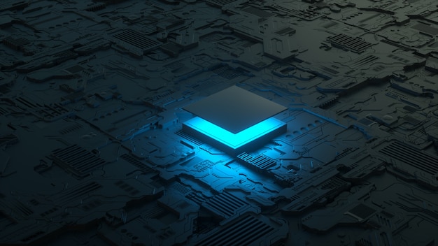 Chip della CPU sulla scheda madre abstract d rendering di un chip del processore con luce blu