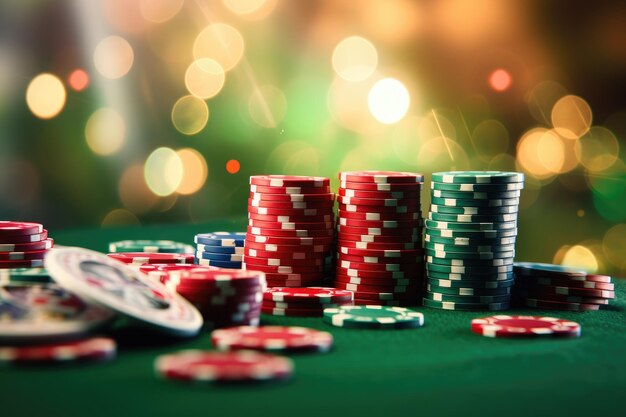 Chip di casinò verdi e rosse Chip su un tavolo verde su uno sfondo bokeh Colonne di chip Elementi