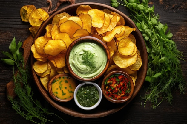 Chip di patate con salsa e insalata su tavolo rustico Verdure su sfondo di legno Vista superiore Verdure verdi