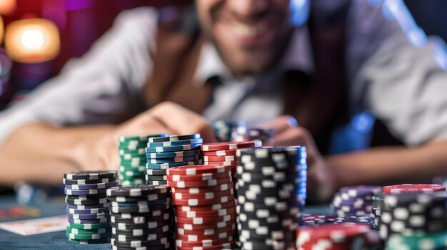 Chip di poker impilati sul tavolo del casinò con le mani del giocatore in movimento