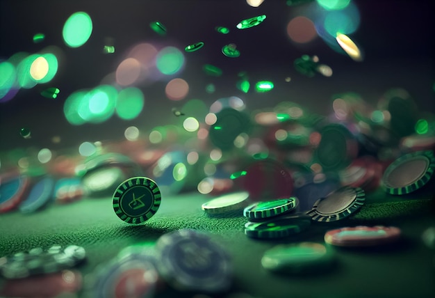 Chip di poker su un tavolo da gioco con una bella illuminazione