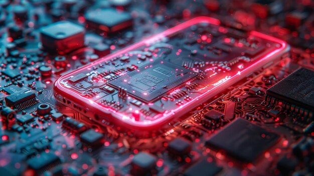 Chip elettronico e CPU nell'hardware dei telefoni cellulari Riparazione e manutenzione Componenti smontati all'interno della custodia del processore dello smartphone
