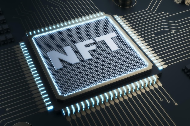 Chip nft astratto lucido su sfondo grigio Rendering 3D del concetto hardware e token non fungibile