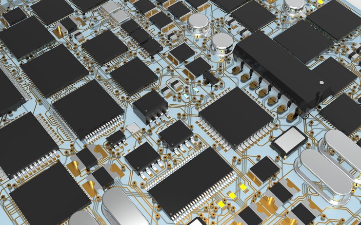 Chip prosesor pada papan sirkuit cetak. Render 3D. Konsep teknologi