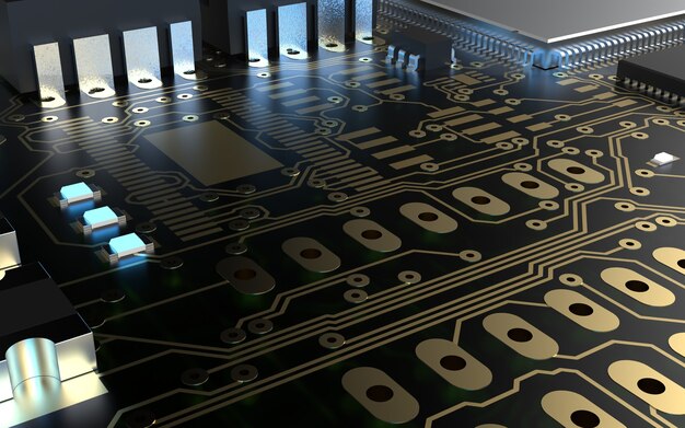 Chip prosesor pada papan sirkuit cetak. Render 3D. Konsep teknologi