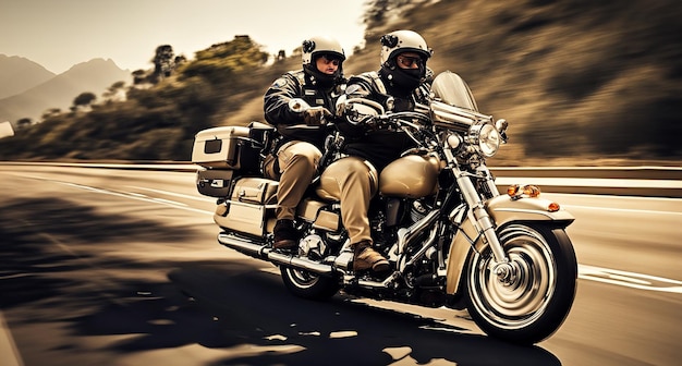 chip veterani pattuglia della polizia in moto in sella a biciclette steampunk cartoline divertenti arte generativa ai