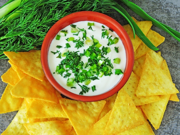 Chips di nachos con salsa di panna acida e verdure.