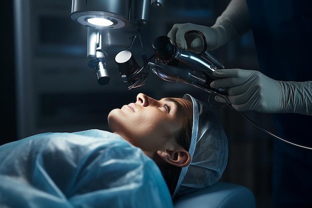 Chirurgo che opera sul paziente Medicina per la correzione dell'occhio con laser Correzione della visione con laser Ai generato