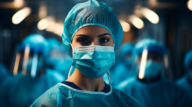 chirurgo femminile in uniforme che guarda l'obbiettivo in sala operatoria