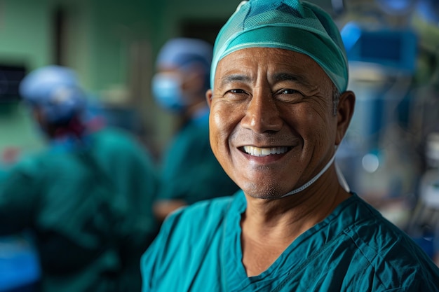Chirurgo sorridente in abito chirurgico in sala operatoria