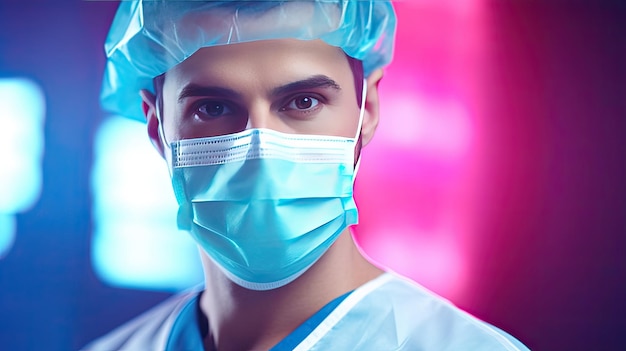 Chirurgo sorridente in maschera con sfondo astratto appunti medici