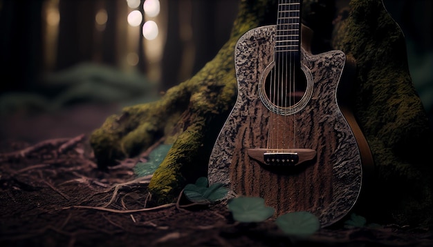 Chitarra a terra nel primo piano della foresta con lampadine