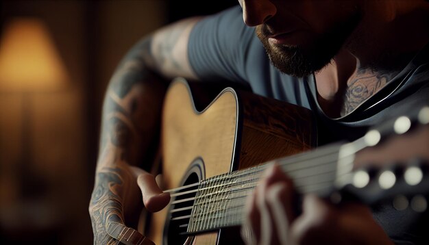 Chitarra acustica che suona uomini che suonano la fotografia del primo piano della chitarra acustica