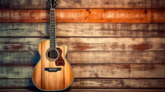 Chitarra acustica in piedi sullo sfondo della parete in legno