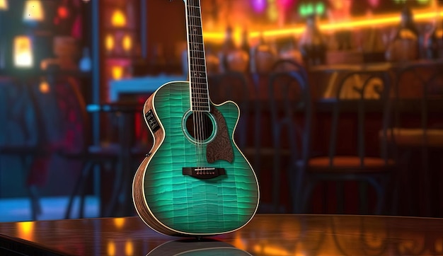 chitarra acustica in un bar con luci in stile verde acqua chiaro e giallo scuro