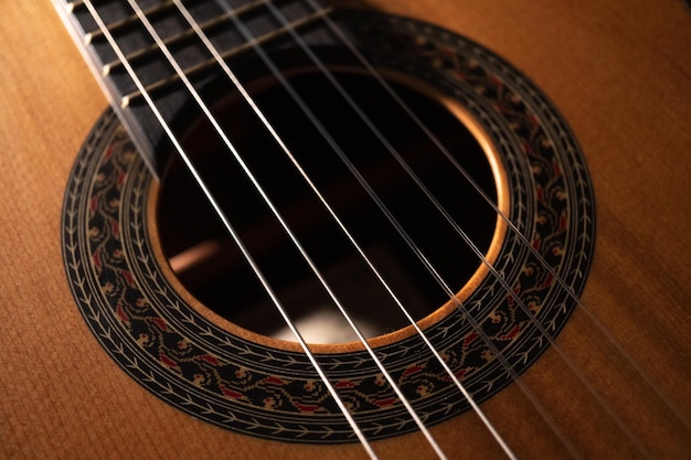 Chitarra classica su sfondo nero Concetto di chitarra acustica Perfetto per poster o carta da parati con volantini