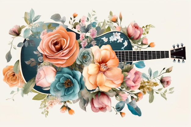 Chitarra con fiori Illustrazione dell'acquerello disegnata a mano isolata su sfondo bianco AI generativa