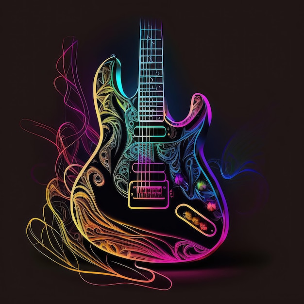 Chitarra elettrica al neon strumento da concerto Banner discoteca fluorescente Illustrazione astratta dell'IA generativa