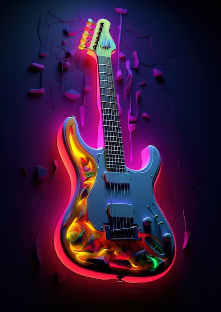 Chitarra elettrica con luce al neon in stile cyberpunk di Generative AI