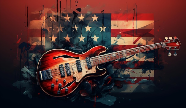 chitarra elettrica e lo striscione della bandiera americana USA