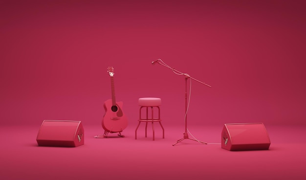 chitarra, microfono e altoparlanti su sfondo rosa scuro nei colori magenta viva.
