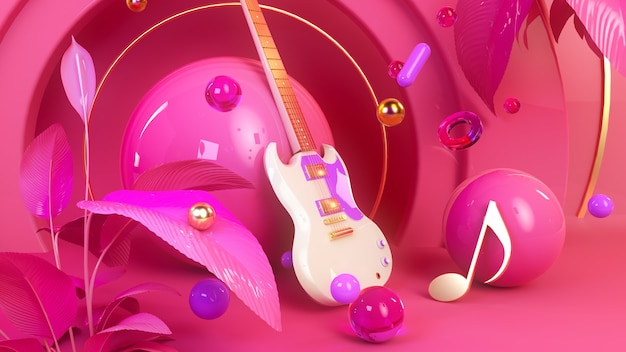 Chitarra nello spazio rosa 3d rendering illustrazione