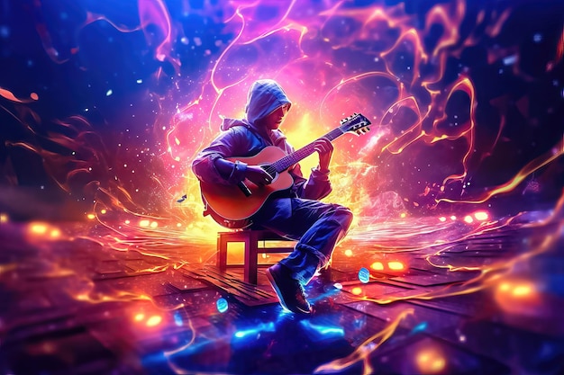 Chitarrista adolescente in sfondo Bokeh colorato IA generativa
