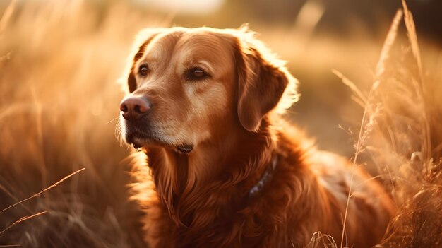 Chiuda in su bella bionda cane golden retriever esplorare camminando e in piedi in mezzo allo sfondo natura prato